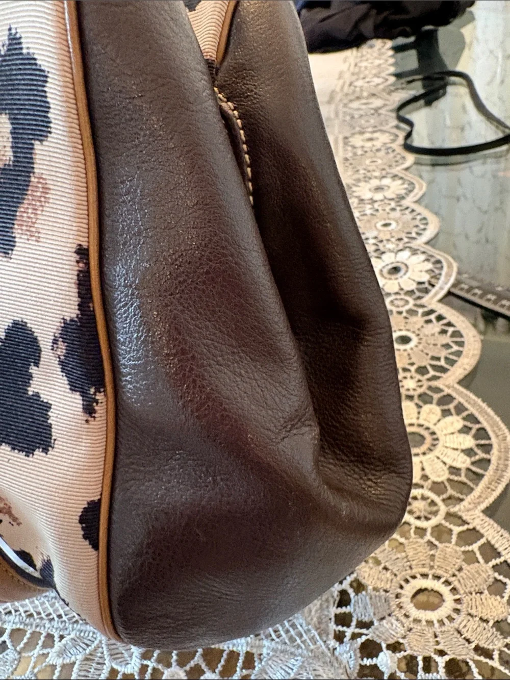 Coach Leopard-Print Canvas Satchel in Black and Brown with Gold Hardware